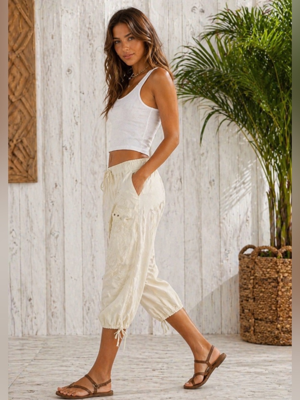 Caribbean Joe Cream Cotton Cargo Capri Pants Drawstring Coastal Beach ~ Size 14 - Picture 2 of 12